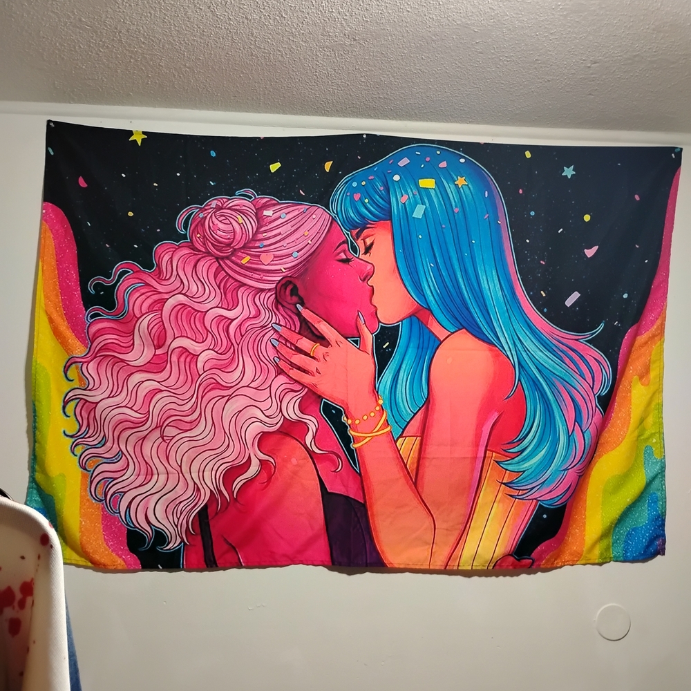 Vibrant Rainbow Kiss Wall Tapestry - Pink & Blue